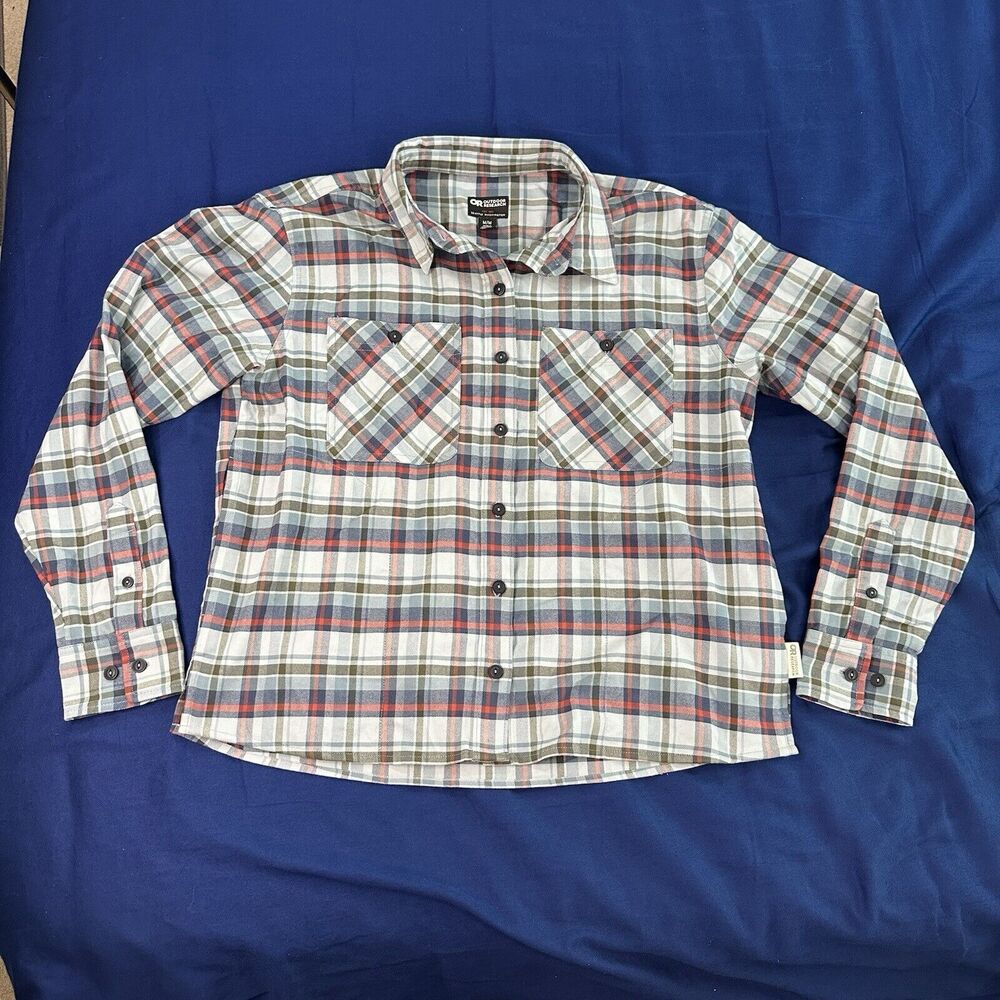 Outdoor Research Sandpoint Flannel Shirt Women’s M Light Blue Red Long Sleeve